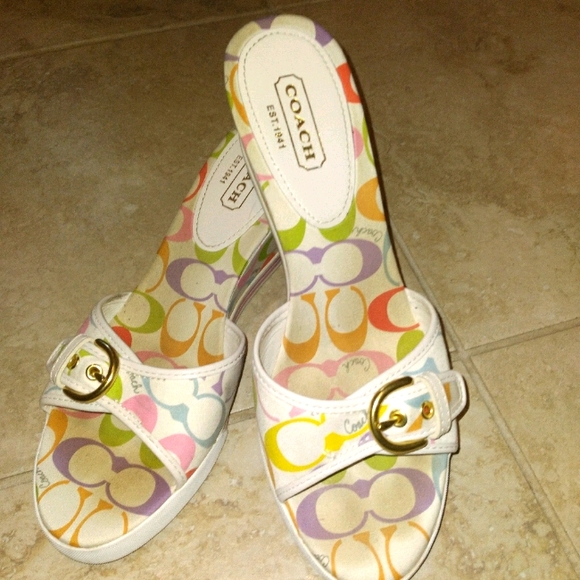 Coach Shoes - Coach White Multicolor Logo Sandals